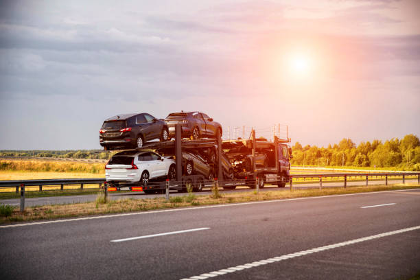 A car carrier truck, part of MI Auto Transport Lansing, transports multiple vehicles on a highway at sunset, with trees and fields in the background.