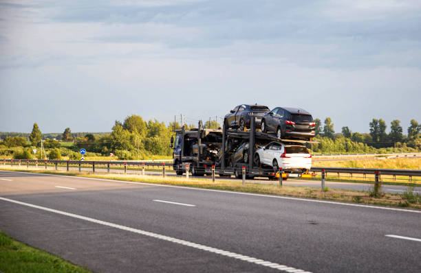 A MI Auto Transport Lansing truck transports several cars on a highway, surrounded by green fields and trees under a partly cloudy sky.